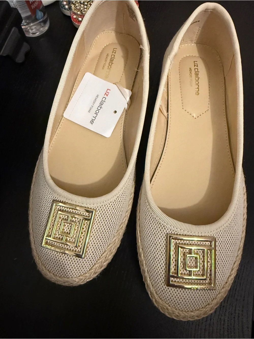 Liz Claiborne Beige Slip-On Espadrille Flats with Gold Emblem
